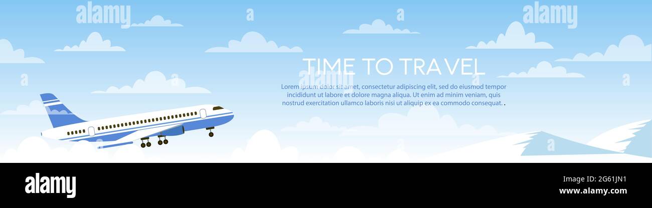 Time to travel vector illustration, cartoon flat airplane traveling in blue sky air, summer vacation commercial advertising for airline agency Stock Vector