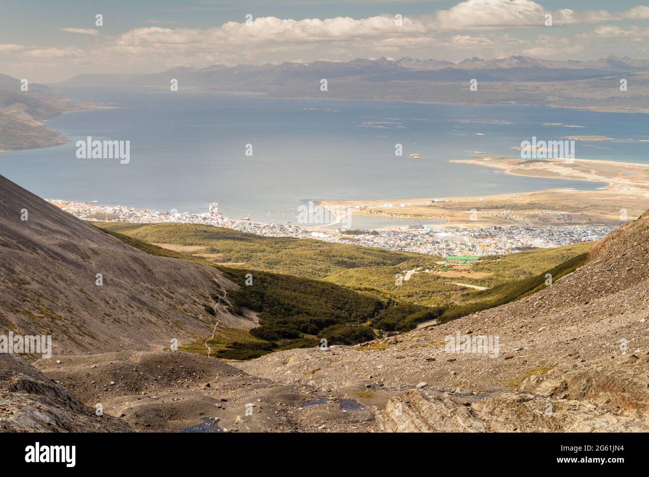 View of Beagle channel and Ushuaia, Argentina Stock Photo