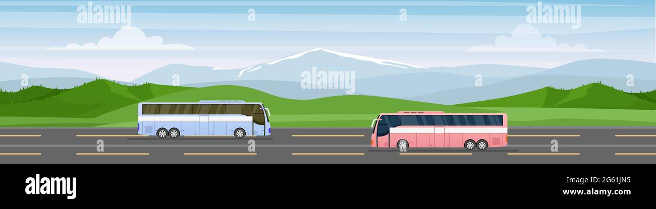 Traveling by bus vector illustration, cartoon flat tourist buses with travelers drive along road towards trip adventure, summer vacation tourism Stock Vector