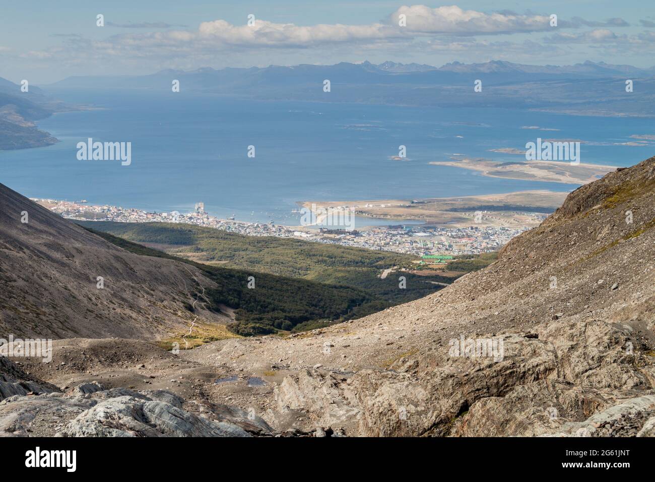 View of Beagle channel and mountains near Ushuaia, Argentina Stock Photo