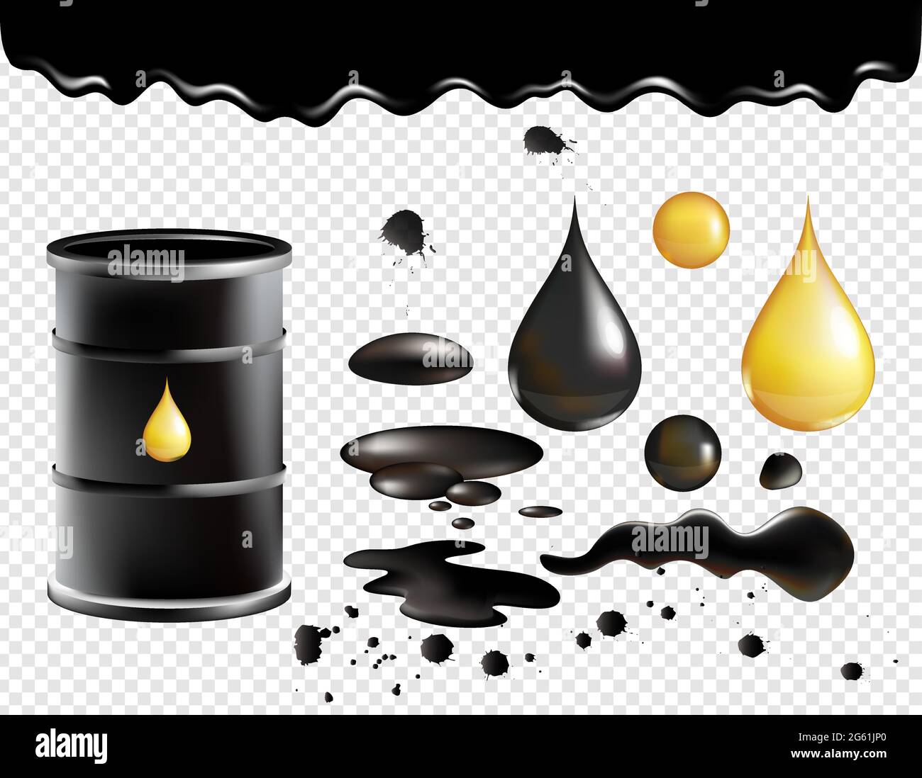 Petrol symbols vector illustration set, oil black realistic glossy dropping fluid, black metal barrel container with golden drop objects Stock Vector