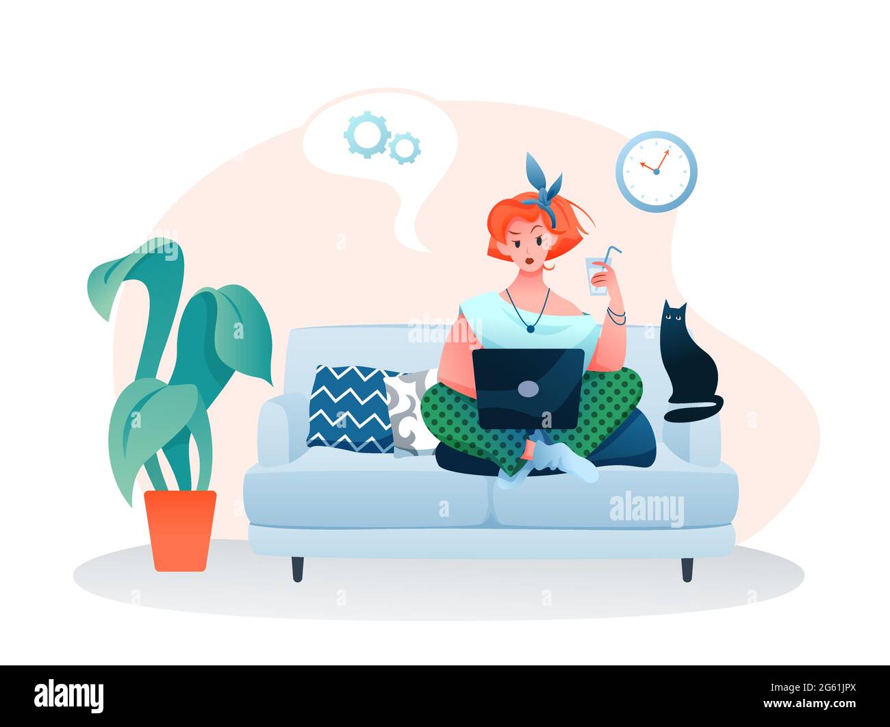 Freelance home work flat vector illustration, cartoon young woman freelancer character working online with laptop, sitting on sofa isolated on white Stock Vector