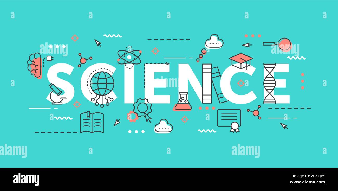 Science word thin line vector illustration with scientific knowledge and research educational symbols, school, university education objects Stock Vector