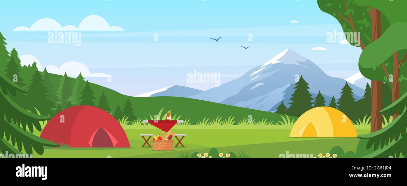 Summer camping vector illustration. Cartoon flat tourist camp with picnic spot and tent among forest, mountain landscape on sunny day. Outdoor nature Stock Vector