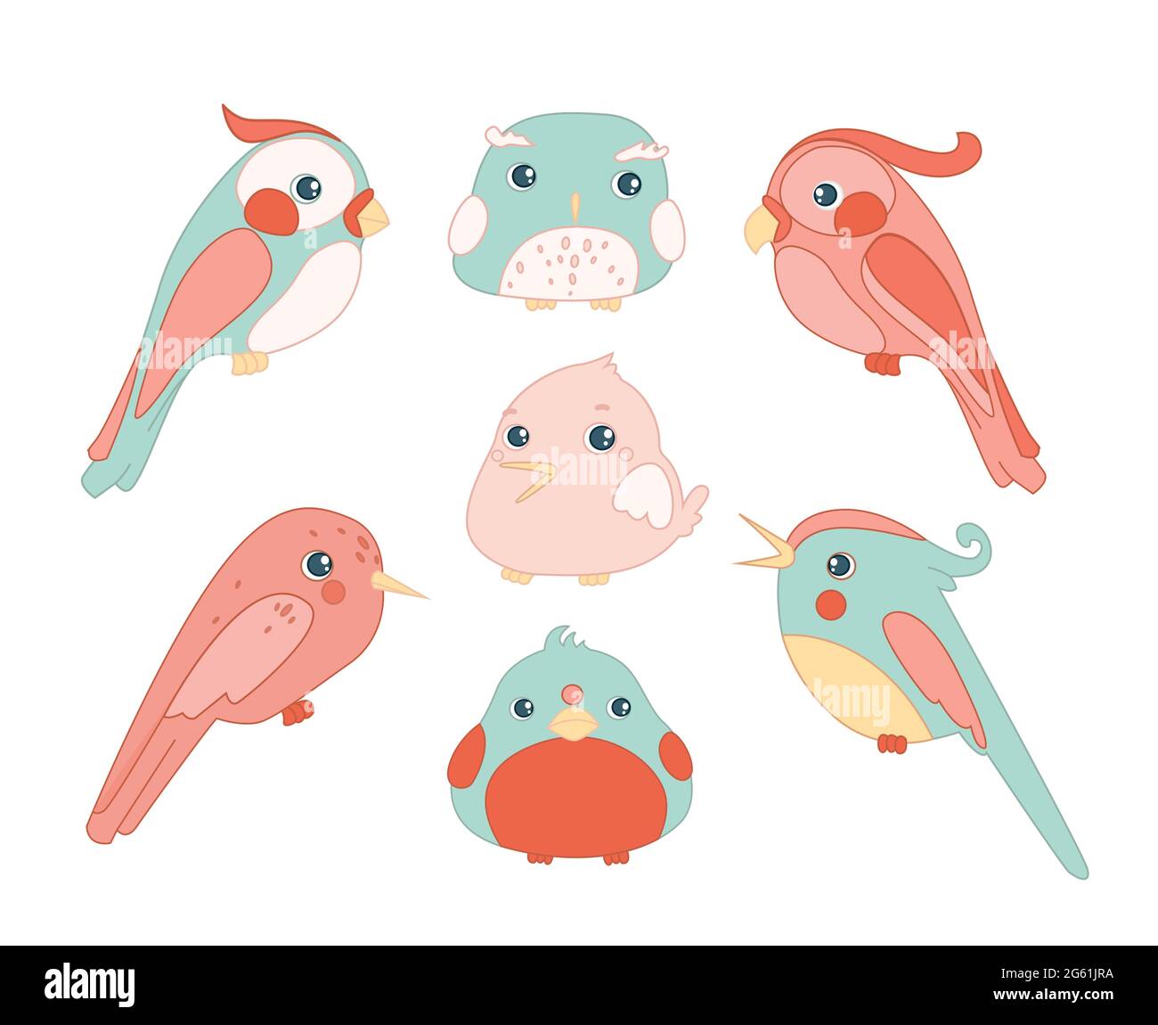 Cute birds color set cartoon flat vector illustration isolated on ...