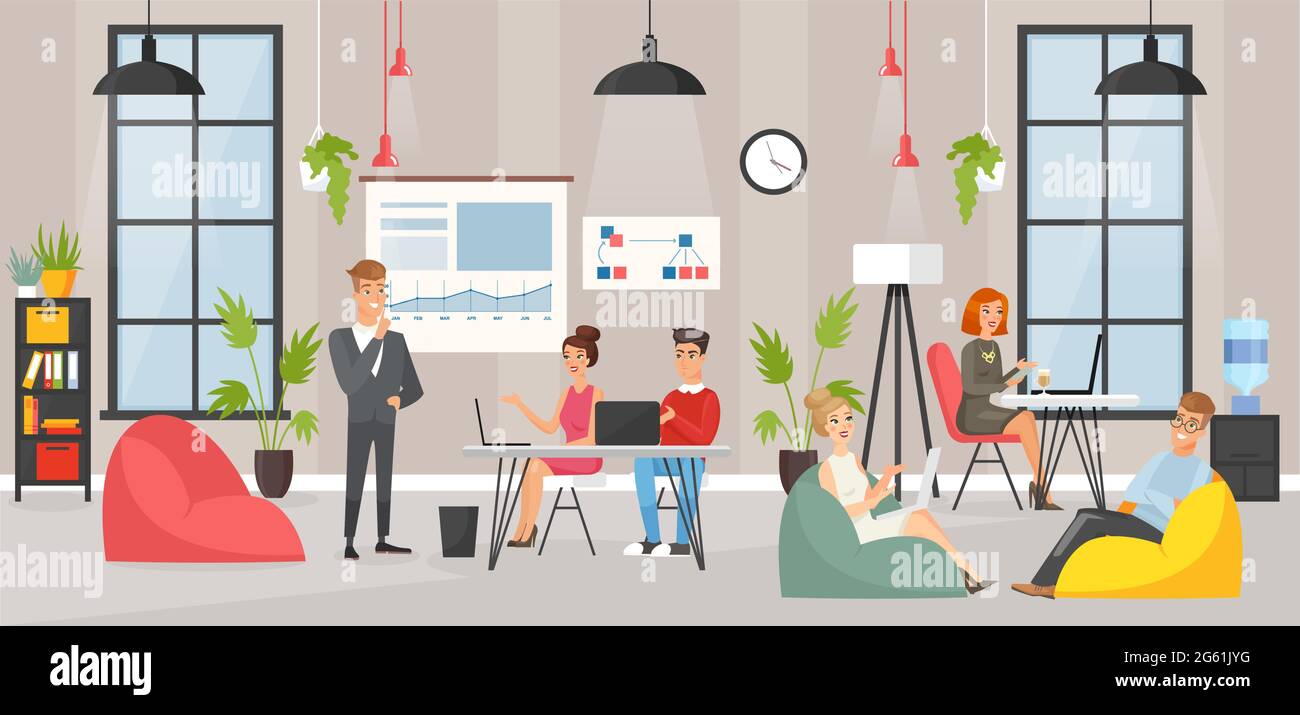 Coworking space area vector illustration, cartoon flat business people, man woman employee character team working at laptop together in trendy office Stock Vector