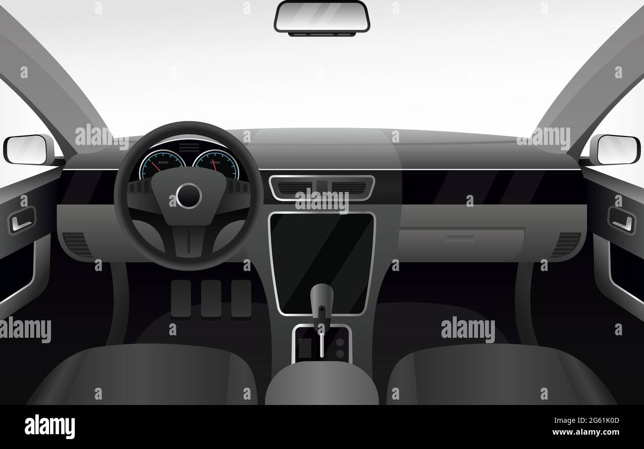 Car dashboard, auto salon interior vector illustration, cartoon flat inside automobile cabin with windshield, armchair and steering wheel dark Stock Vector