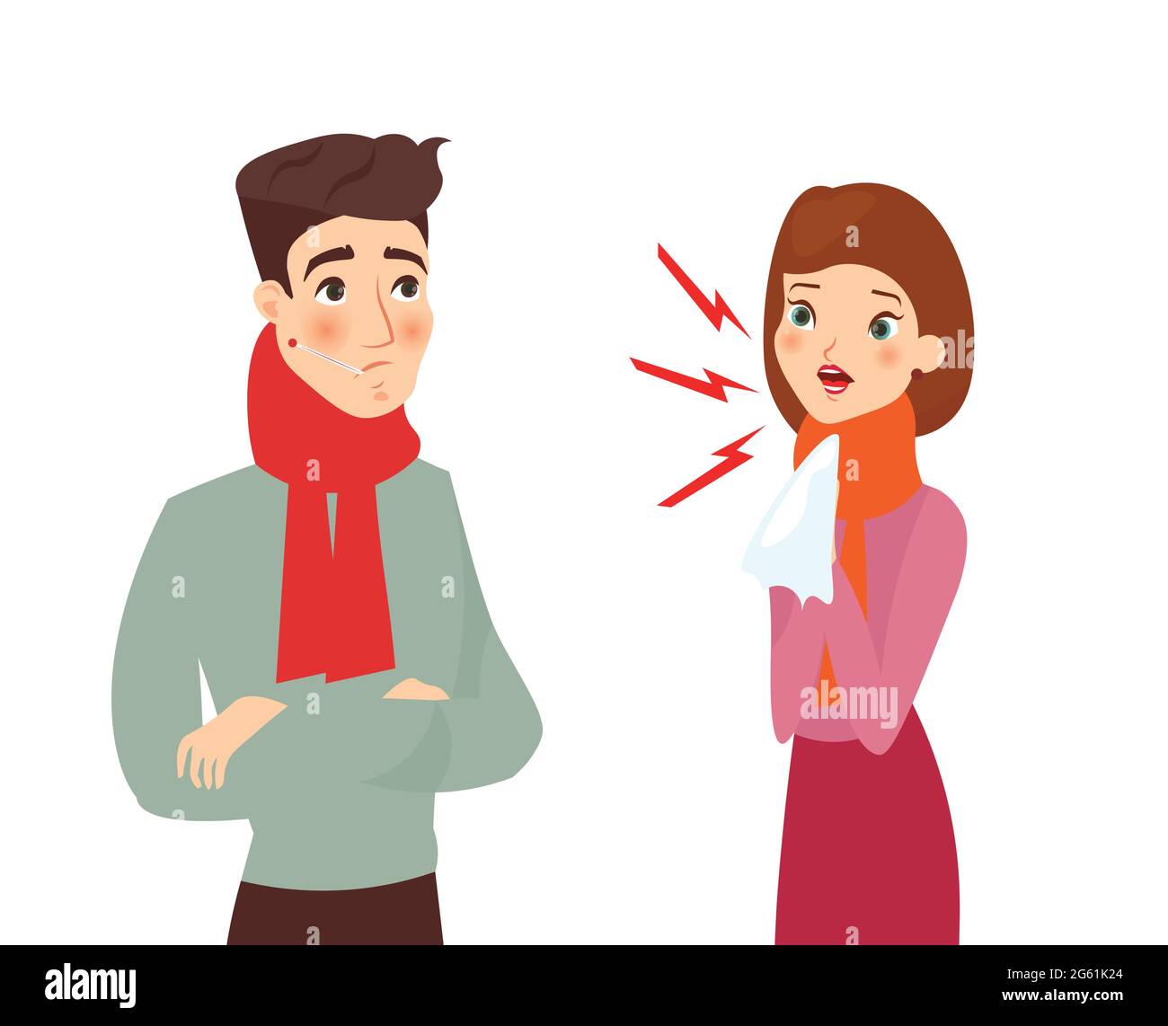 Vector illustration of sick young woman and ill young man, cough and ...