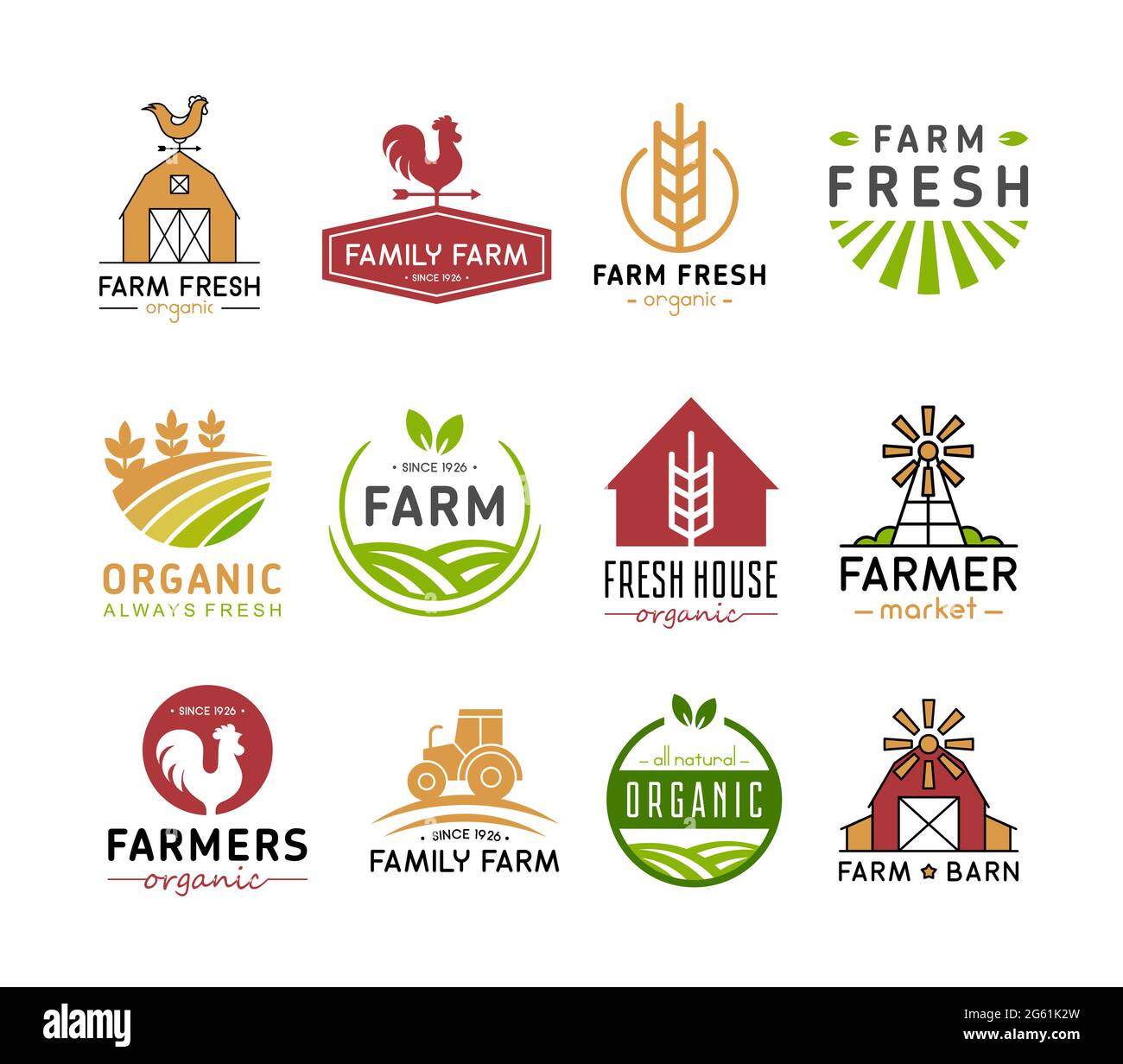 Farm logo icons vector illustration, flat logotype or badge design set with eco fresh organic products food for farmer market, labels for agriculture Stock Vector