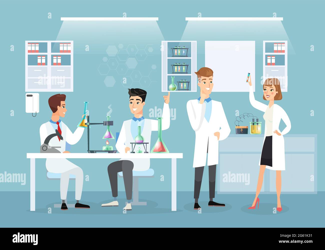 Vector illustration of doctors in medical lab making vaccine