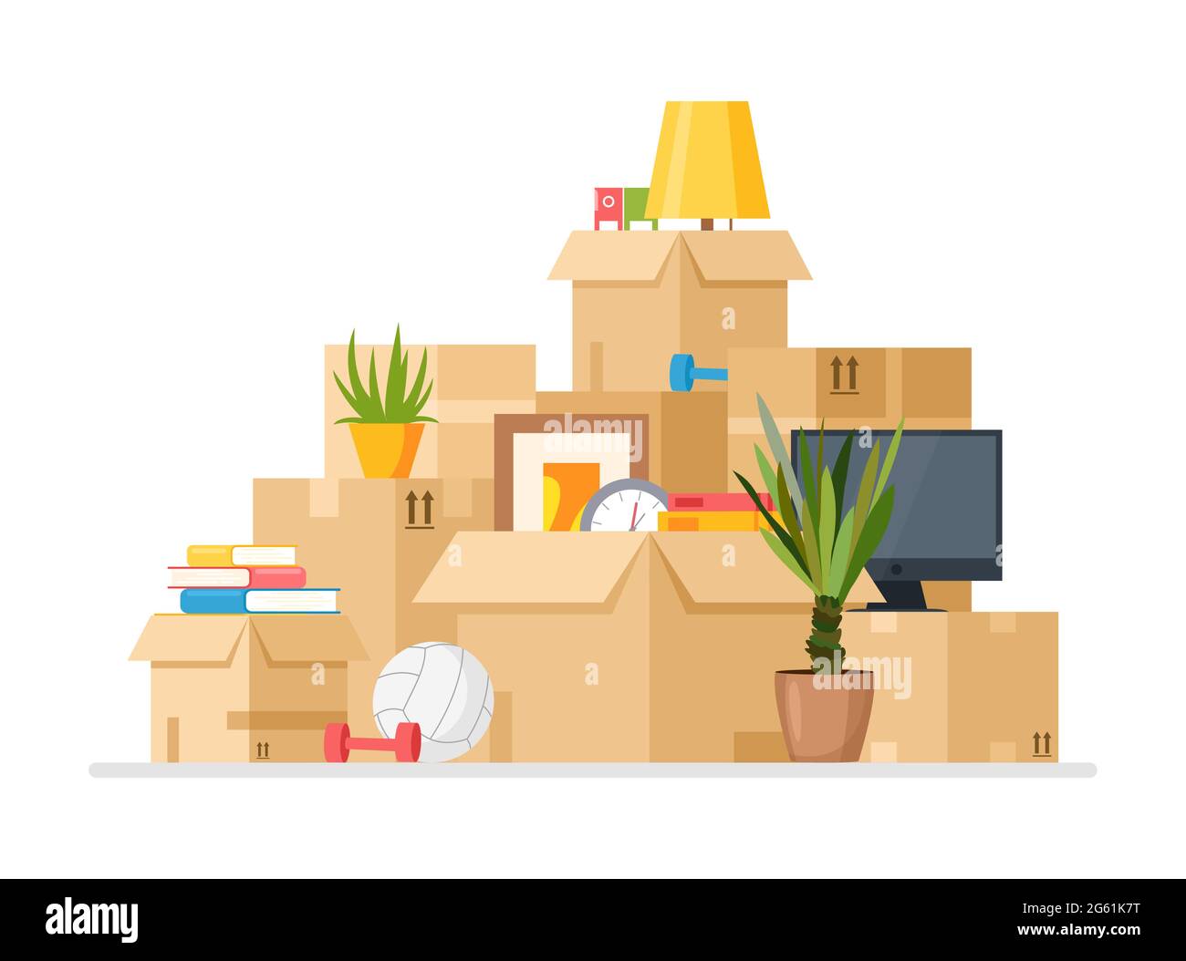 Moving to new house vector illustration, cartoon flat pile of cardboard boxes with household things, clothes, ball and books packed in containers Stock Vector