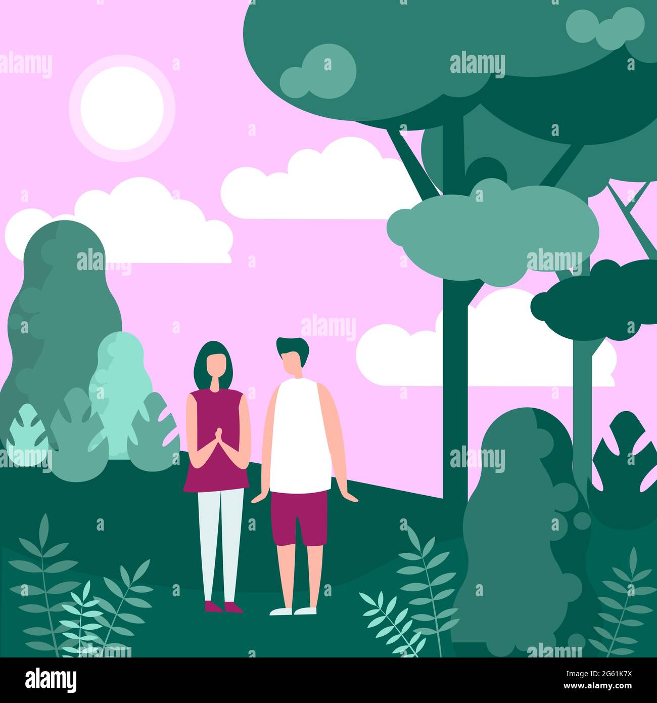 Couple people in nature walk vector illustration, cartoon flat adult characters spending time together, walking in evening natural forest background Stock Vector