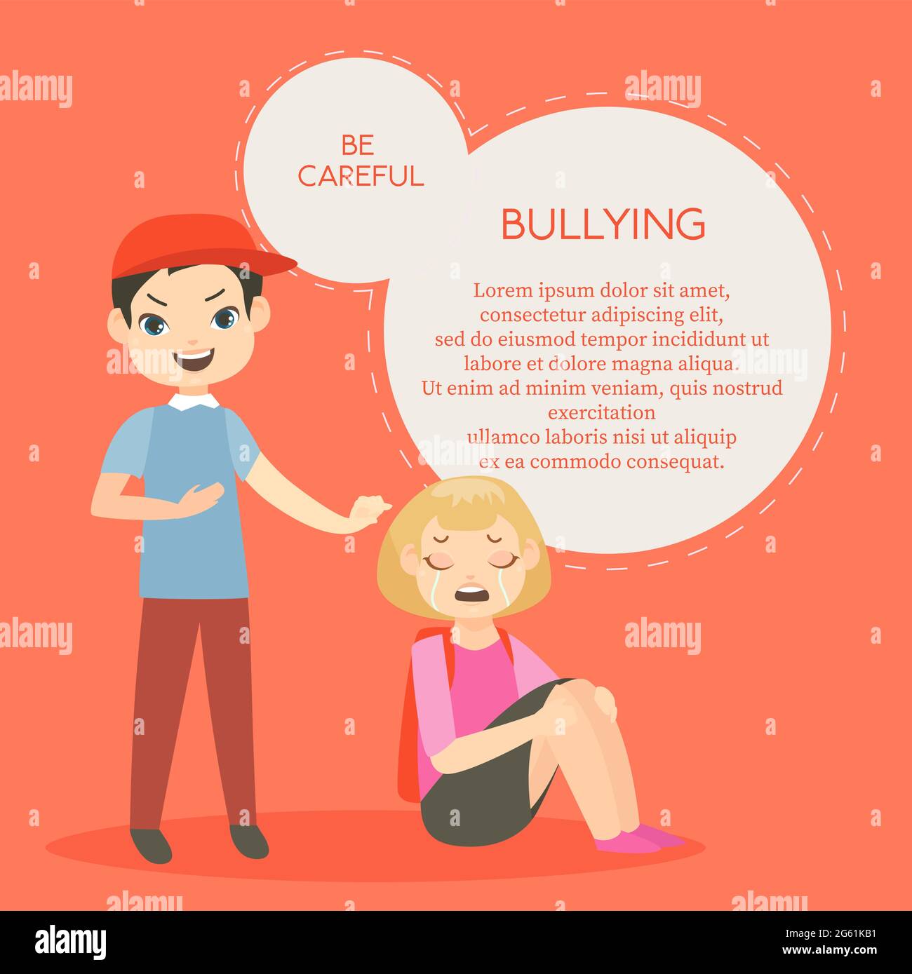 Vector illustration of kids bullying. Aggressive school children conflict in flat style. Feminism, schoolchildren, teasing boy and crying girl cartoon Stock Vector