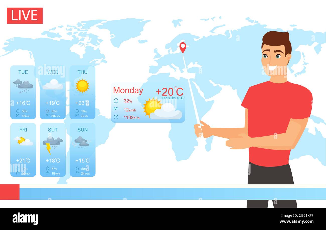 Tv weather forecast report vector illustration. Cartoon flat smiling weatherman character working in news, male reporter meteorologist showing weather Stock Vector