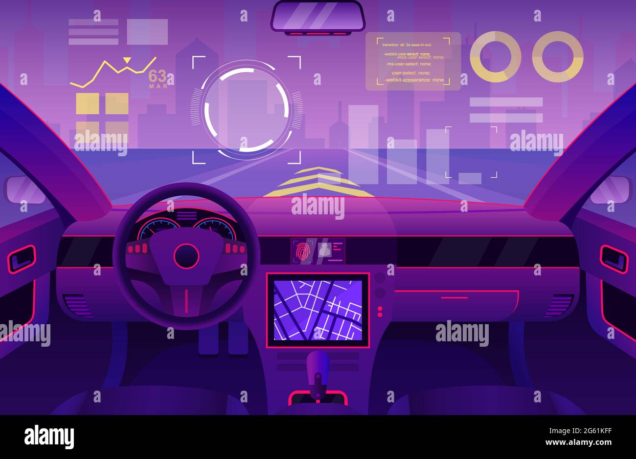 Futuristic car inside interior vector illustration, cartoon flat automobile cabin of ui future with windshield digital interface, robot assistance Stock Vector
