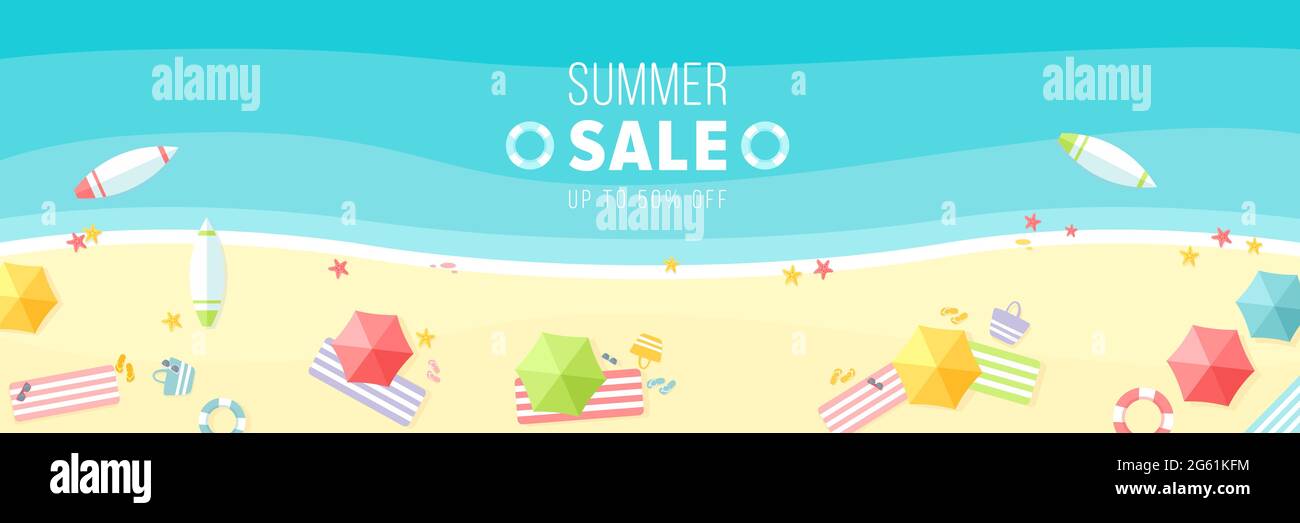 Summer sale vector illustration, cartoon flat sunny hot beach background in summertime, promo web banner, voucher offer for hot special discount Stock Vector