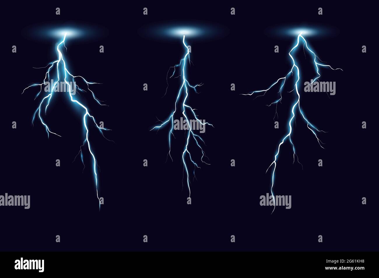 Lightning bolts realistic vector illustrations set. Thunderstorm