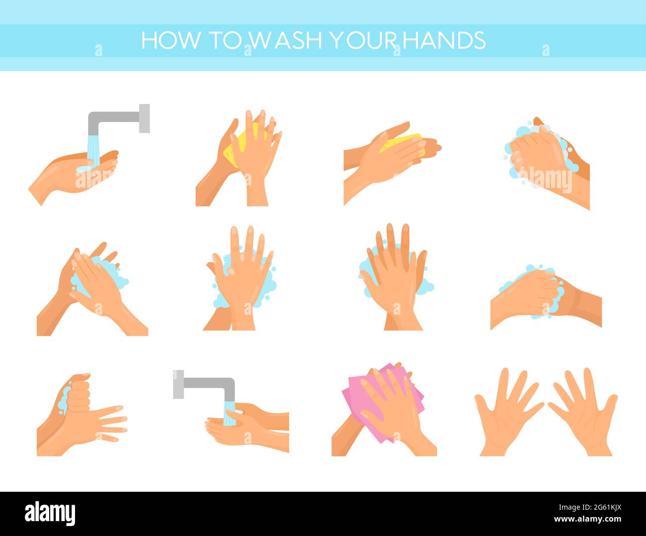 Vector illustration instruction how to wash hands. Healthcare and self