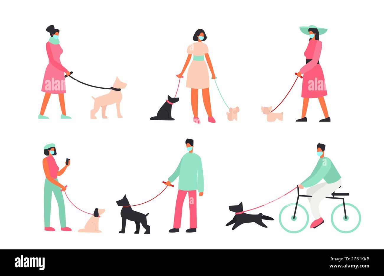 Vector illustration set of people wearing medical protection masks, people walking with dogs outside. Protection, virus, workout with dog outside Stock Vector