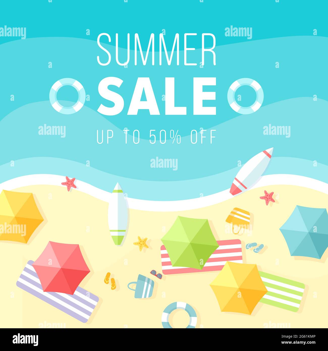 Cartoon flat sunny hot beach background in summertime with blue tropical sea wave, boats, umbrellas. Promo web banner, voucher offer for hot special Stock Vector