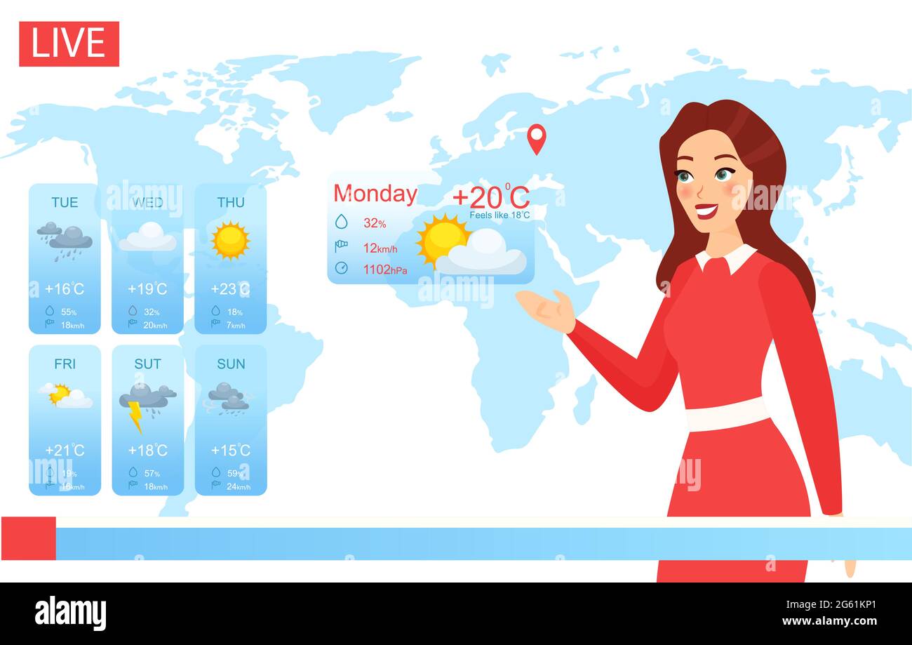 Tv weather forecast report vector illustration, cartoon flat attractive weatherwoman character reporting on climate change in news, showing weather Stock Vector