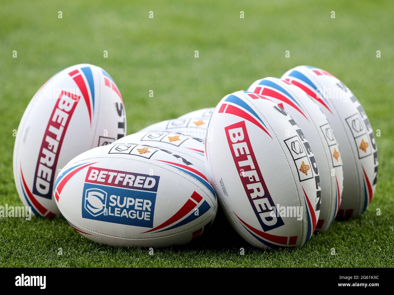 A general view of Betfred branded Super League Rugby balls prior to the Betfred  Super League match at the John Smith's Stadium, Huddersfield. Picture date:  Thursday July 1, 2021 Stock Photo - Alamy