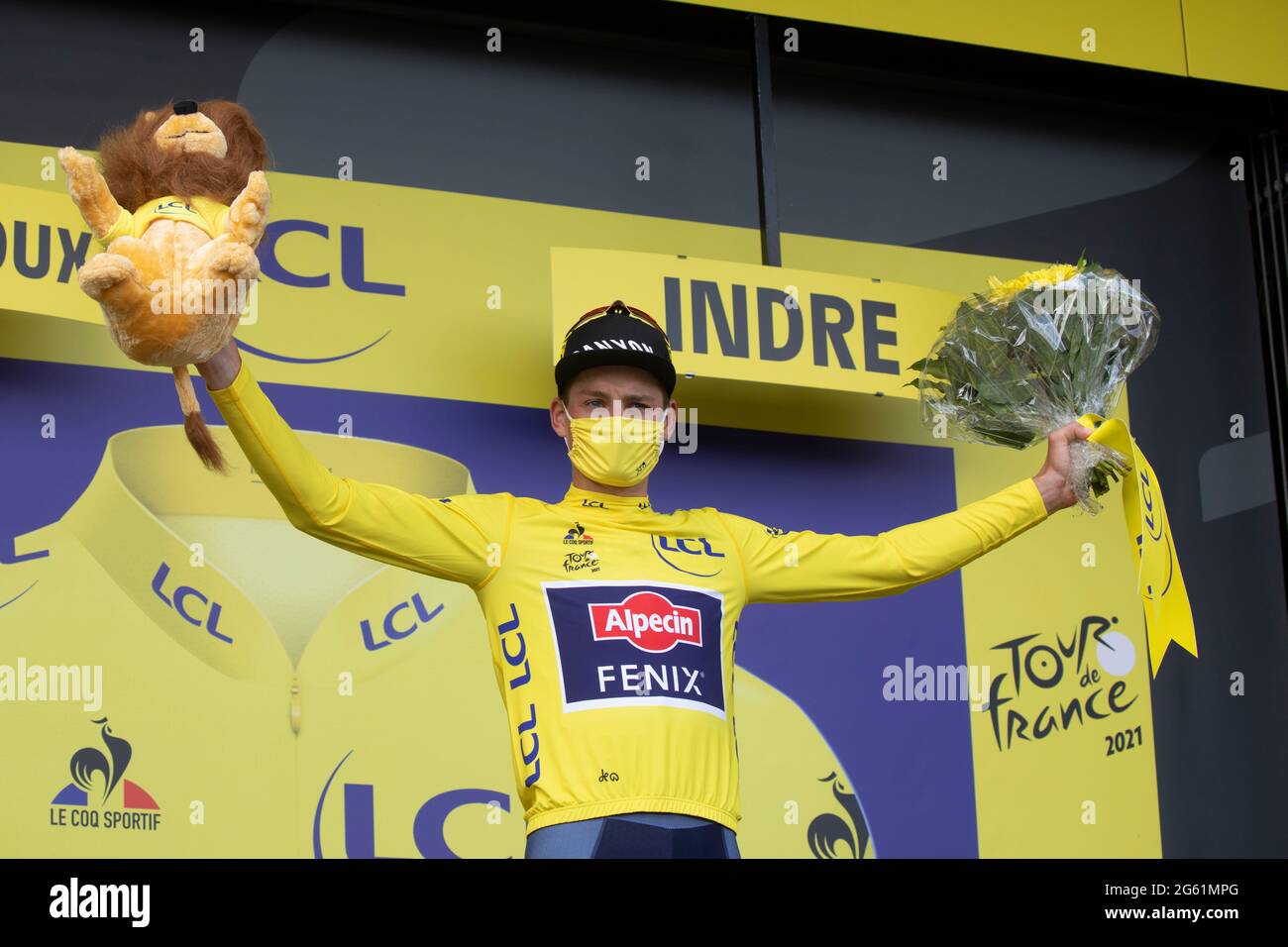 Ecueille, France. 01st July, 2021. Mathieu Van der Poel on the podium of the 6th stage of the Tour de France 2021. Credit: Julian Elliott/Alamy Live News Stock Photo