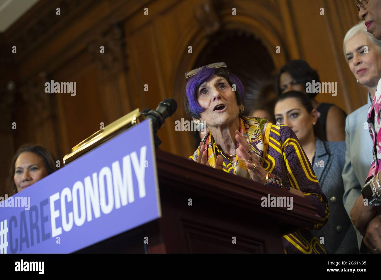 Washington, United States. 01st July, 2021. House Appropriations Committee Chairwoman Rosa DeLauro, D-CT, and other members of the Democratic Women's Caucus hold a news conference to discuss the care economy, comprising public services for childcare, early childhood education, as well as elder care, at the US Capitol in Washington DC, on Thursday, July 1, 2021. Photo by Bonnie Cash/UPI Credit: UPI/Alamy Live News Stock Photo