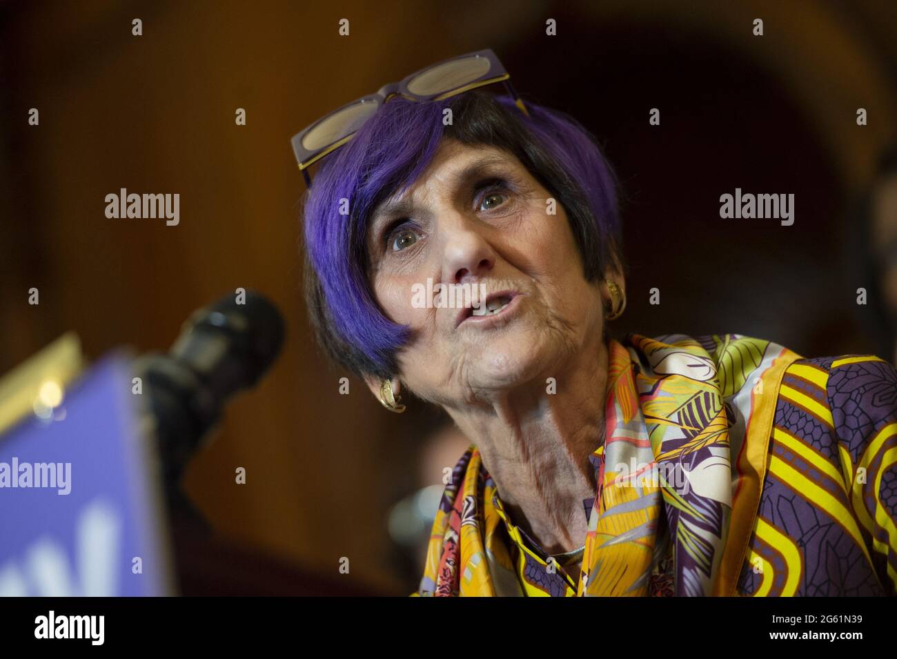 Washington, United States. 01st July, 2021. House Appropriations Committee Chairwoman Rosa DeLauro, D-CT, and other members of the Democratic Women's Caucus hold a news conference to discuss the care economy, comprising public services for childcare, early childhood education, as well as elder care, at the US Capitol in Washington DC, on Thursday, July 1, 2021. Photo by Bonnie Cash/UPI Credit: UPI/Alamy Live News Stock Photo