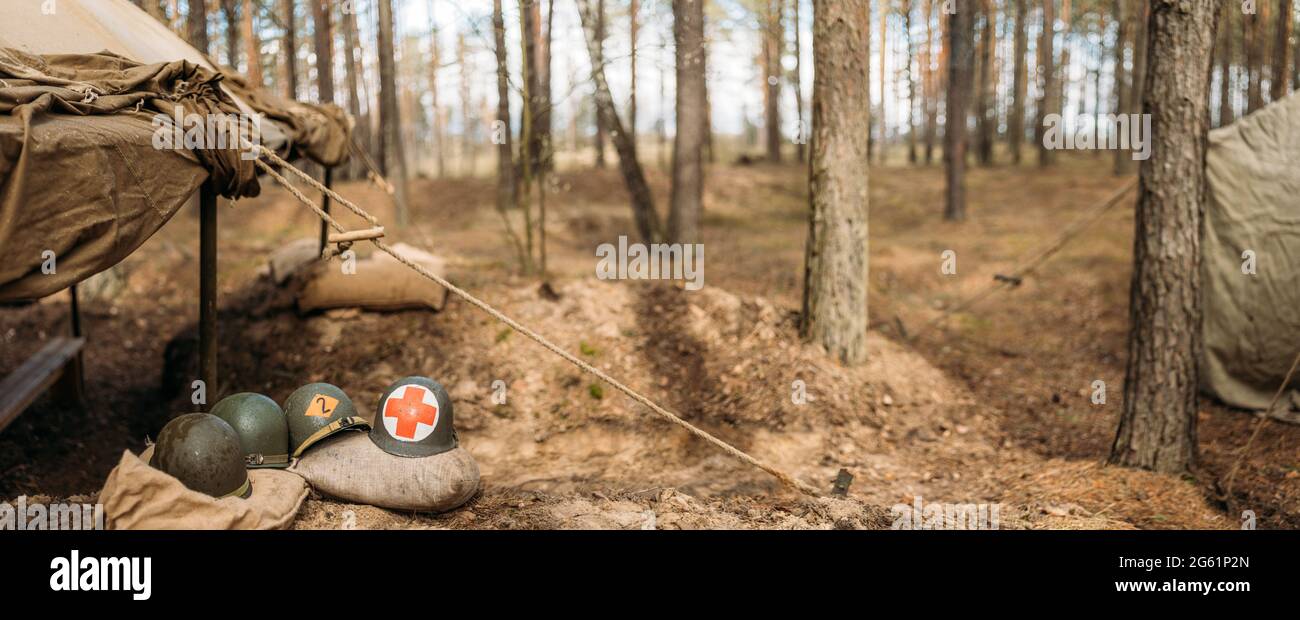 Metal Helmets Of United States Army Infantry Soldier At World War II ...