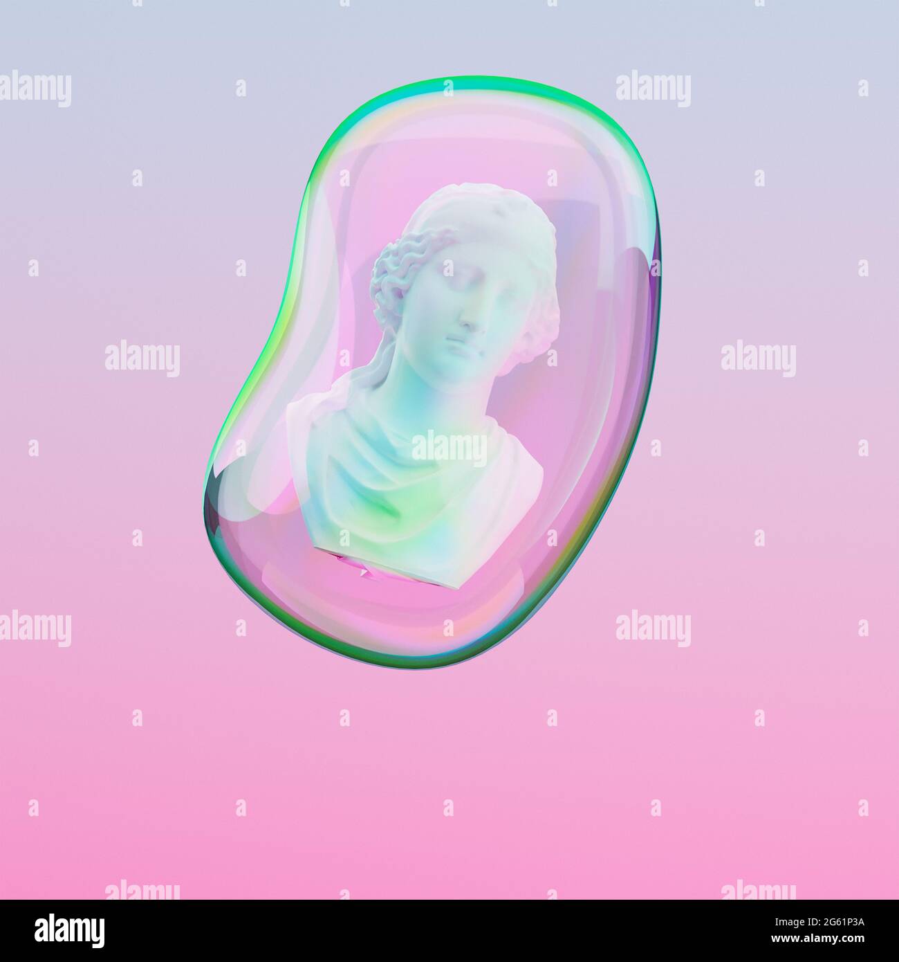 Bust or statue flying in a soap bubble on pink electric sunset background. Vaporwave, mental