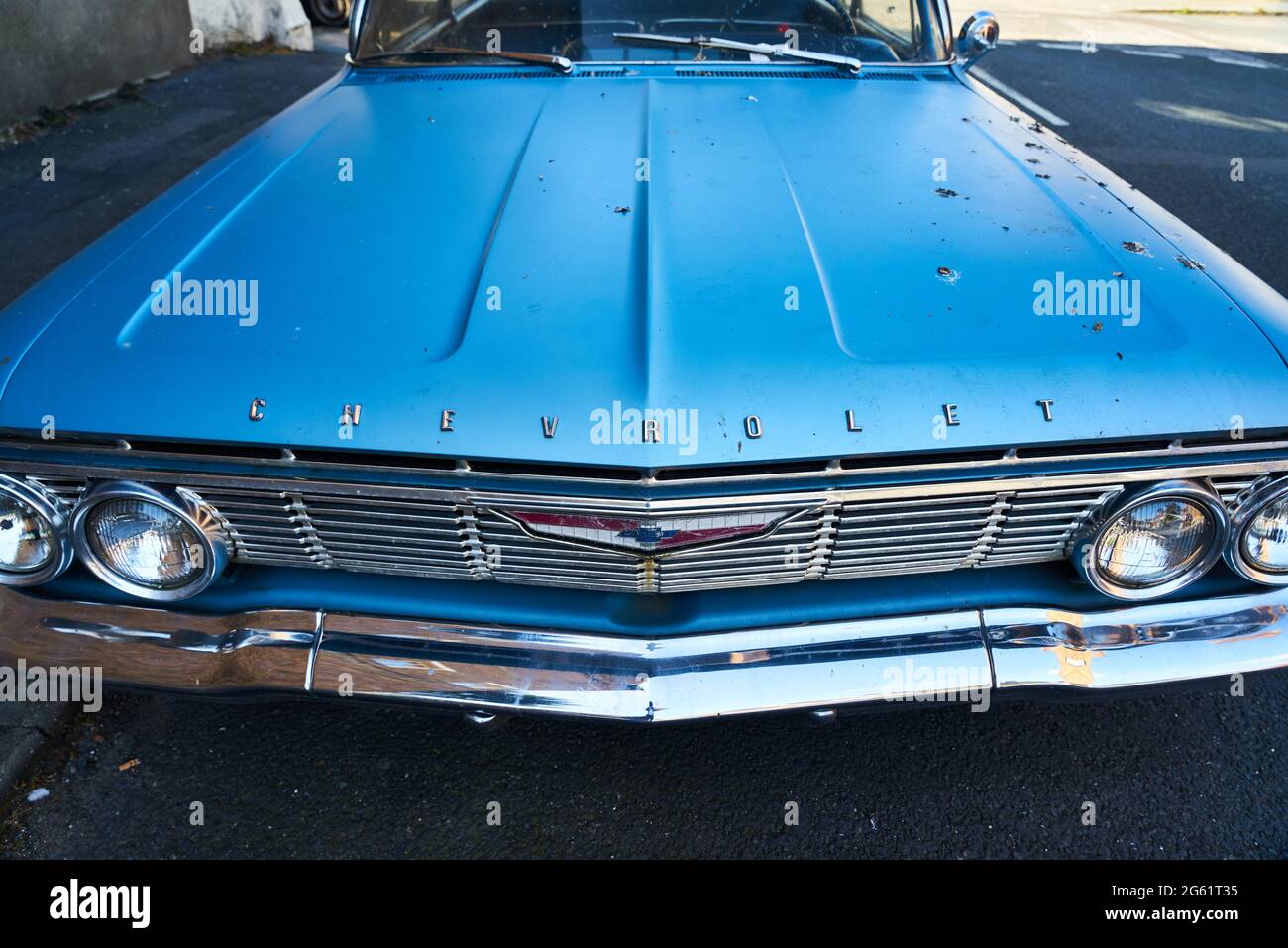 Ramsgate, United Kingdom - June 10, 2021: The hood and grille of a 1961 Chevy Bel Air Stock Photo