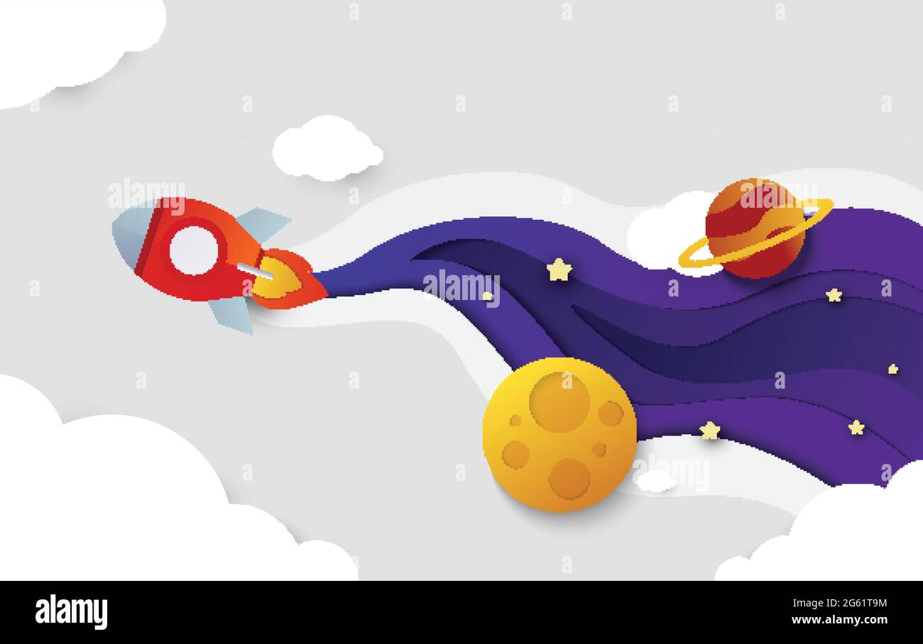 Space rocket flying in space with moon and stars on background print ...