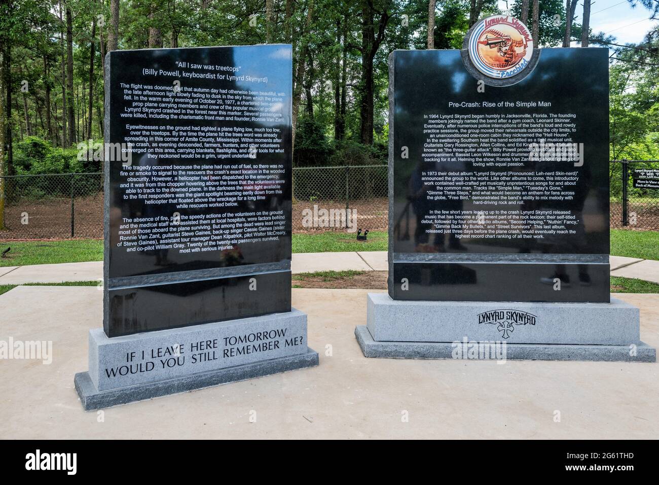 Lynyrd Skynyrd band Monument Memorial at the site of the airplane crash that killed Ronnie Van Zant and 5 others, Amite County Mississippi, USA. Stock Photo