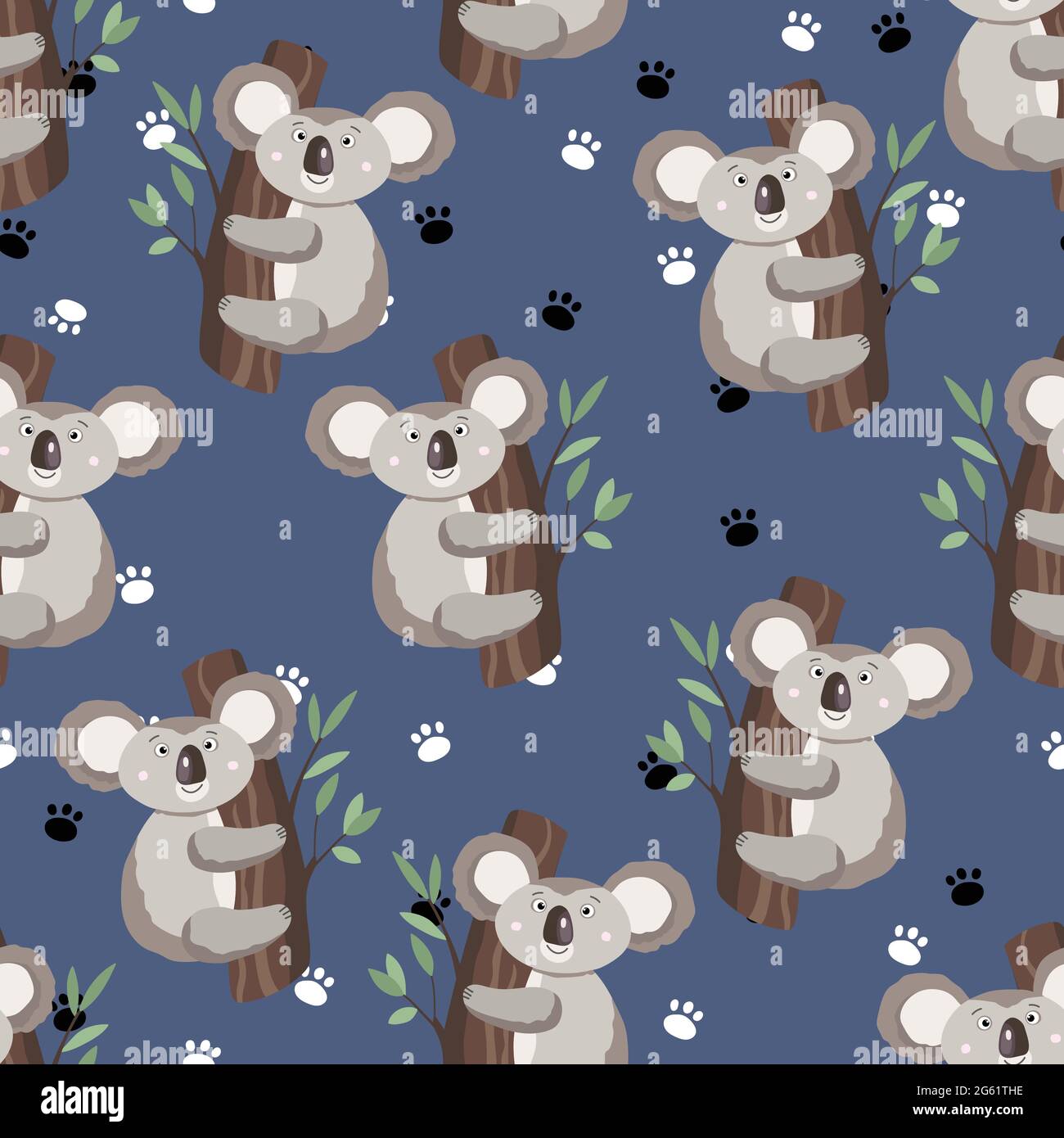 Seamless pattern with cute koala baby and footprint on color background