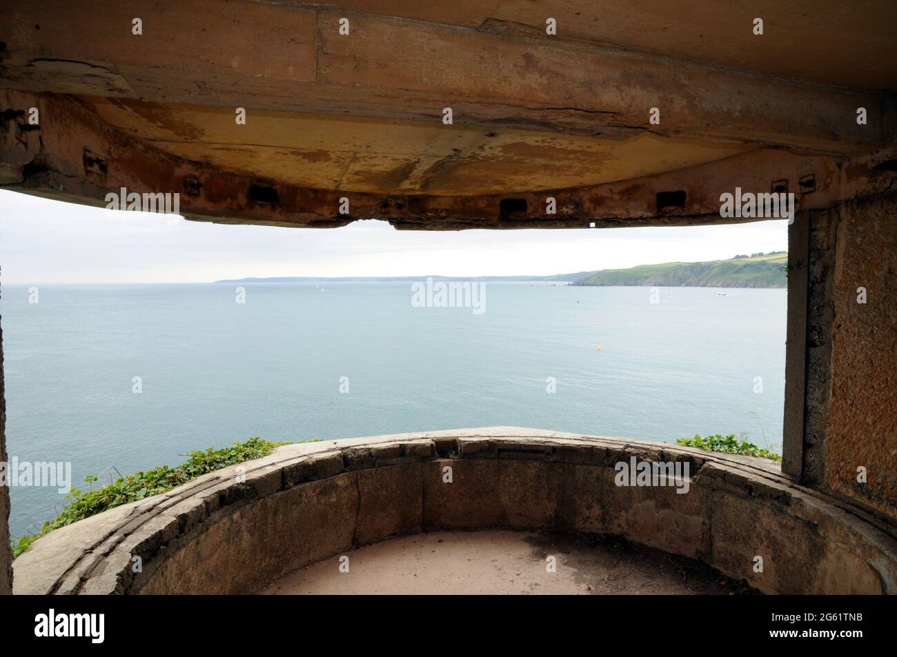 View out from one of the two searchlight positions at Brownstone Battery, a WW2 coastal defence built to protect Dartmouth, Dart estuary and Start Bay Stock Photo