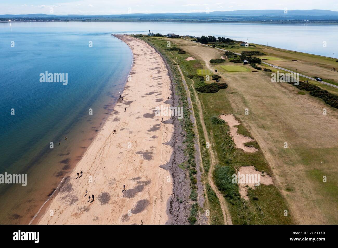 Aerial view of Chanonry Point peninsula on the shores of the Moray Firth near the villages of Fortrose & Rosemarkie, on the Black Isle, Scotland, UK. Stock Photo