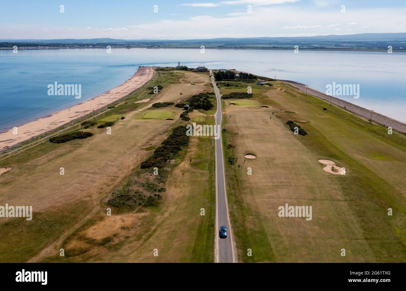 Aerial view of Chanonry Point peninsula on the shores of the Moray Firth near the villages of Fortrose & Rosemarkie, on the Black Isle, Scotland, UK. Stock Photo