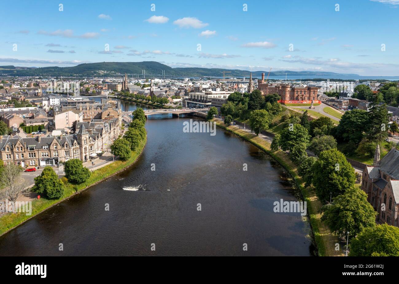Aerial view of the River Ness where it flows through Inverness, the capital city of the Scottish Highland, Scotland UK. Stock Photo