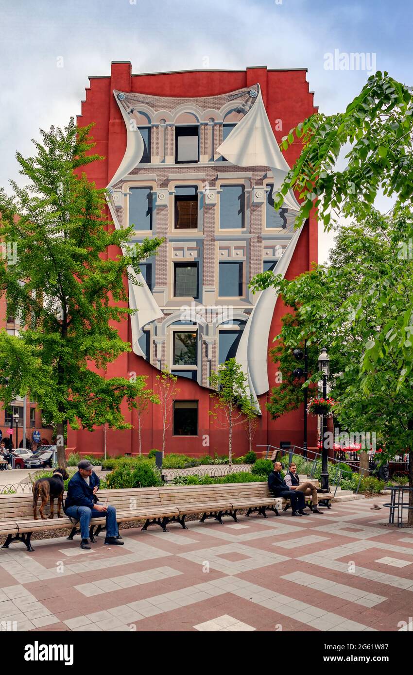 Toronto, Ontario, Canada - June 6, 2018: Berczy Park in Toronto city is a triangular park area named after architect William Berczy. Stock Photo