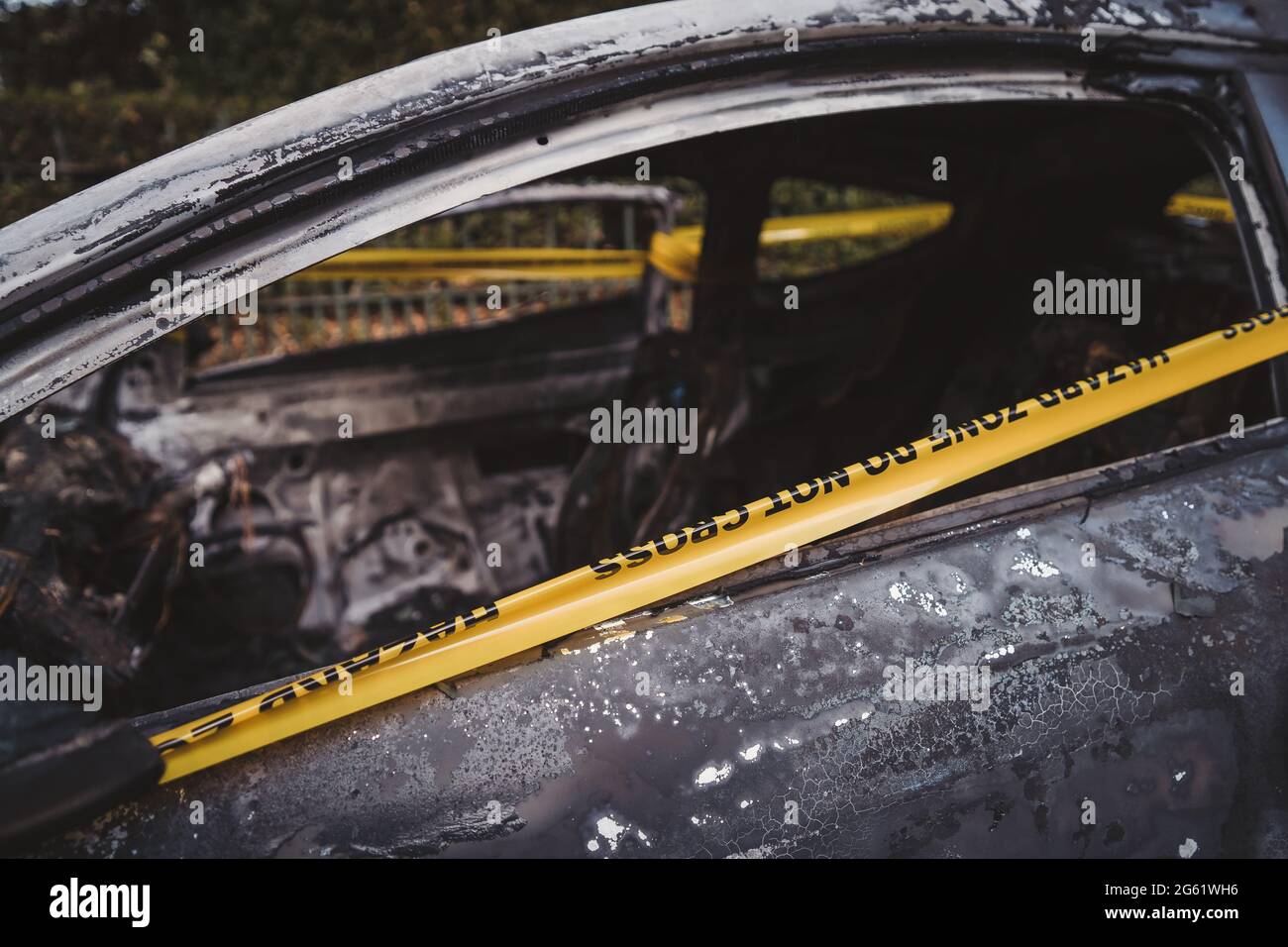 London UK 2021 06 12 An Abandoned Stolen Burnt Out Blue Car Parked On The Sideway Parking 