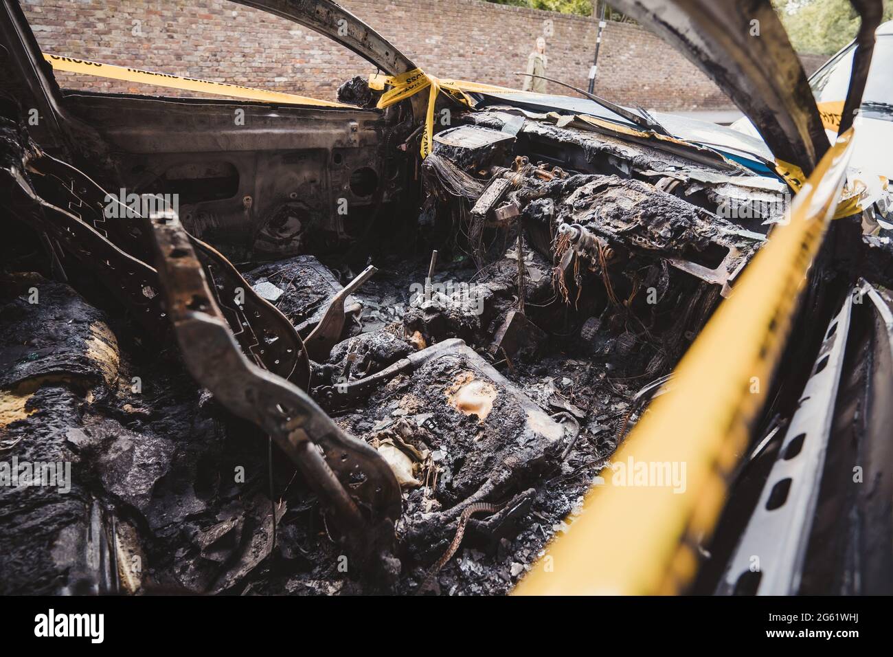 London UK 2021 06 12 Interior Of An Abandoned Stolen Burnt Out Blue Car Parked On The 