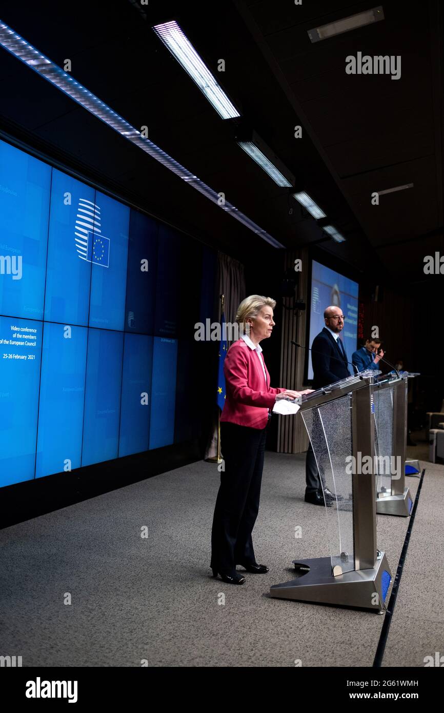 Press conference by the President of the European Commission Ursula von der Leyen and the President of the European Council Charles Michel following the videoconference summit of the Heads of State of the European Union. Brussels, Belgium. Stock Photo