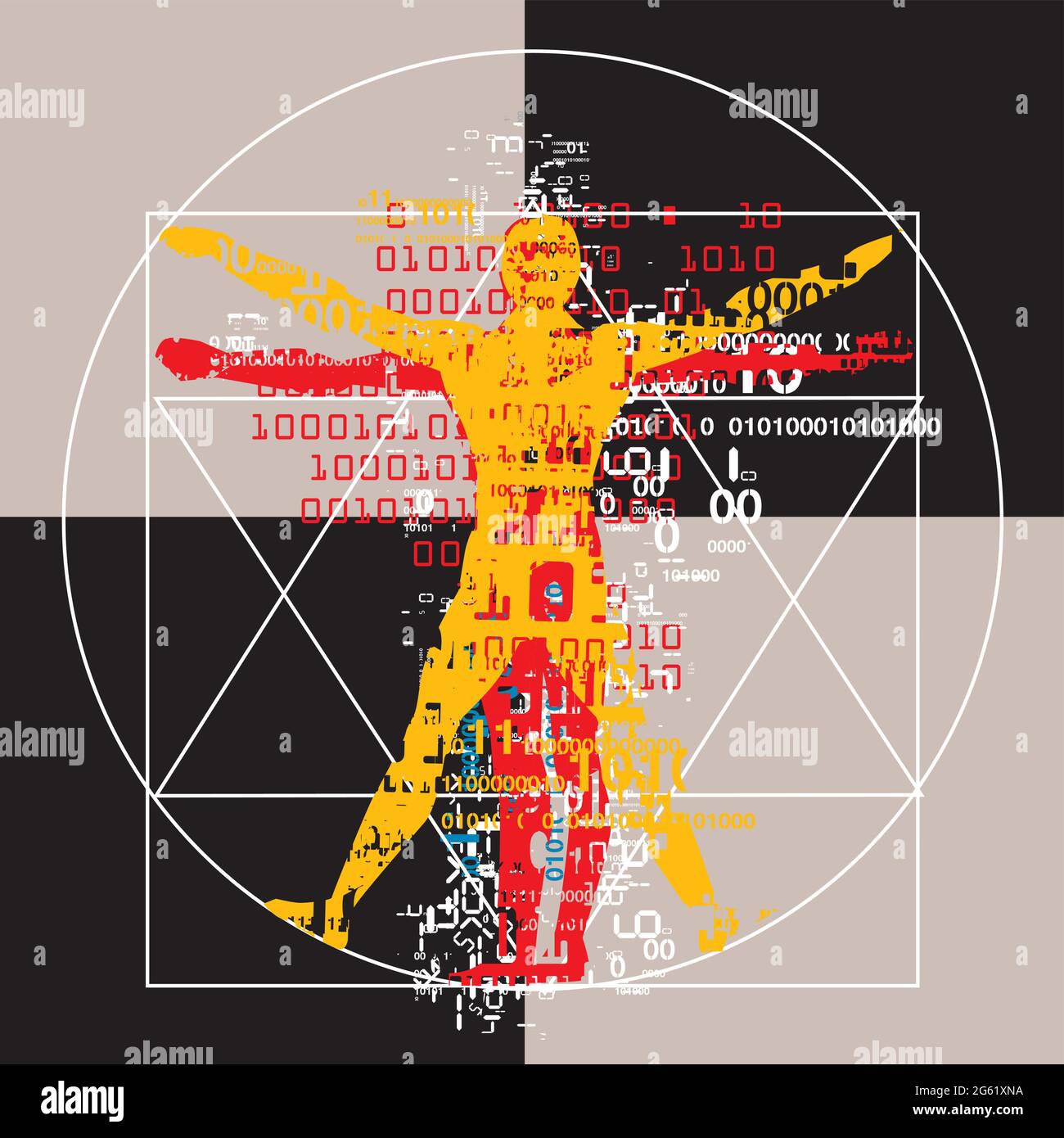 Vitruvian man futuristically stylized. Illustration of colorful male silhoettes in circle with binary codes.Vector available. Stock Vector