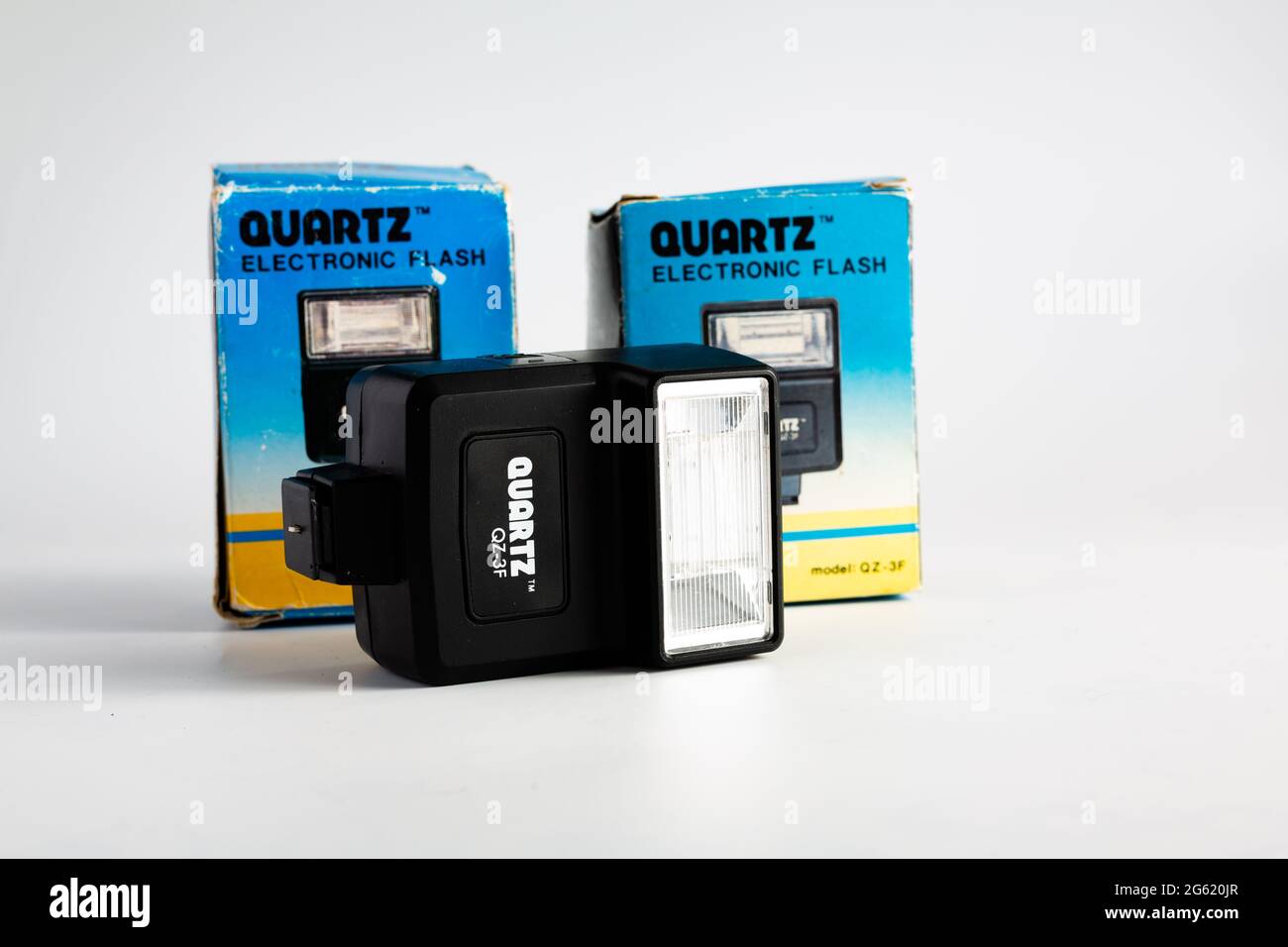 Woodbridge Suffolk UK June 29 2021: Classic Quartz flash units for 35mm film cameras in there original boxes Stock Photo
