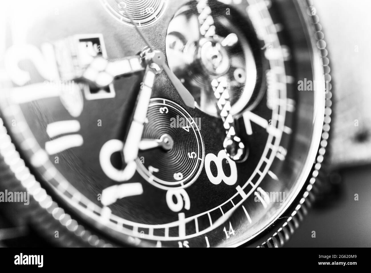 Automatic male wrist watch, close-up black and white photo Stock Photo