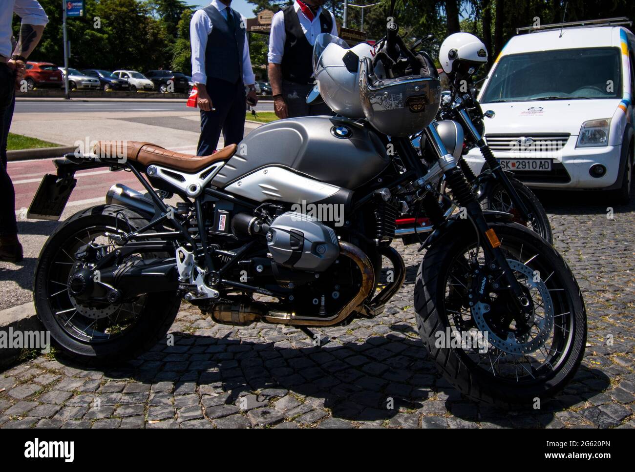 Skopje, Macedonia. 23 May 2021. The Distinguished Gentleman's Ride on the Park square. Classic  vintage style motorcycles unite for men's health. Stock Photo