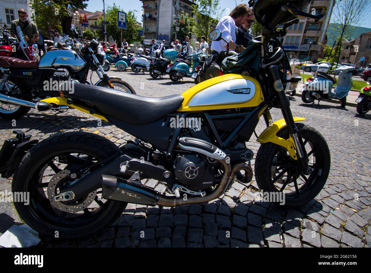 Skopje, Macedonia. 23 May 2021. The Distinguished Gentleman's Ride on the Park square. Classic  vintage style motorcycles unite for men's health. Stock Photo