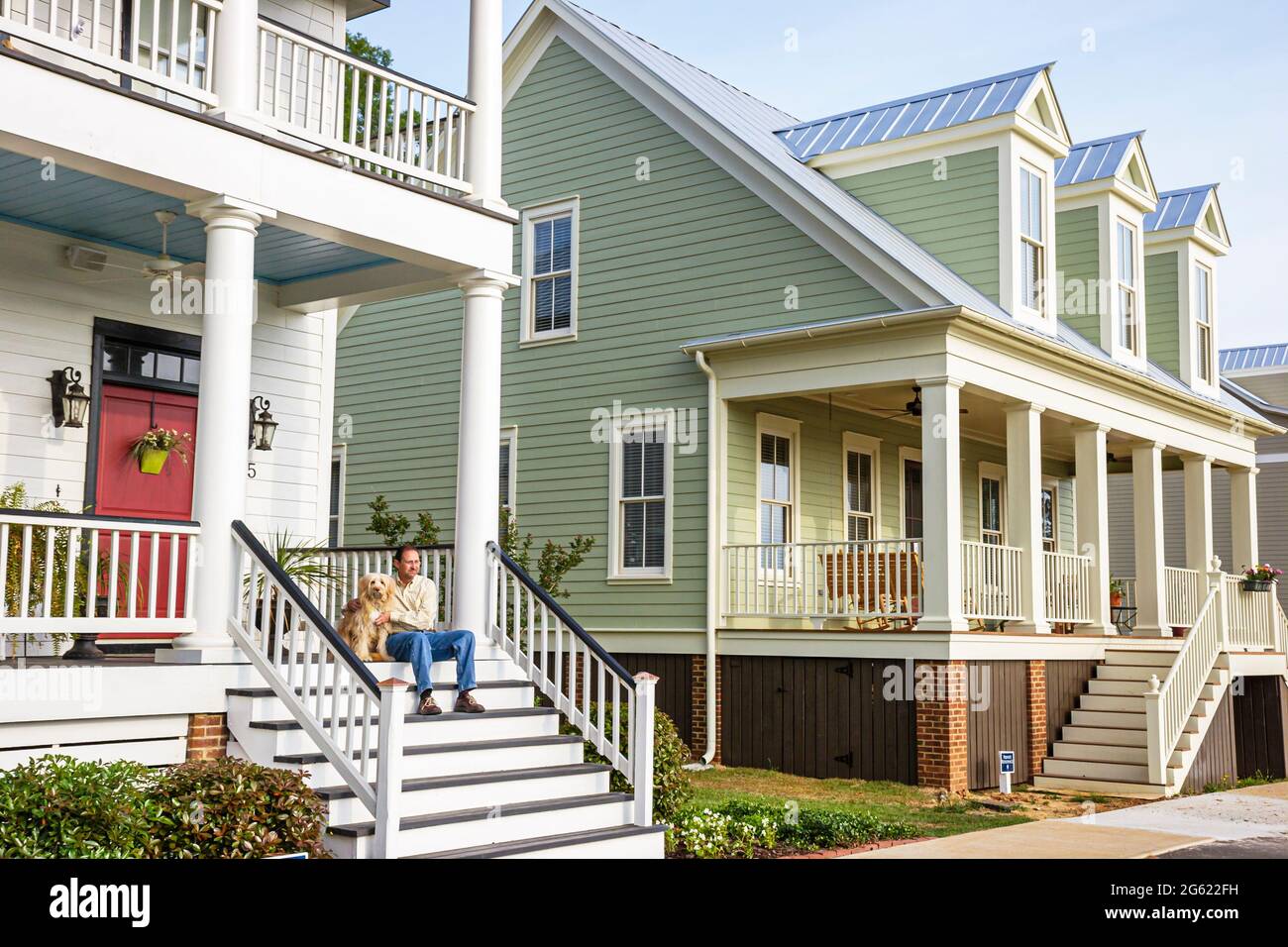 Alabama Montgomeery Pike Road The Waters planned community homes,traditional Americana architecture porch front entrance exterior man owner resident,d Stock Photo