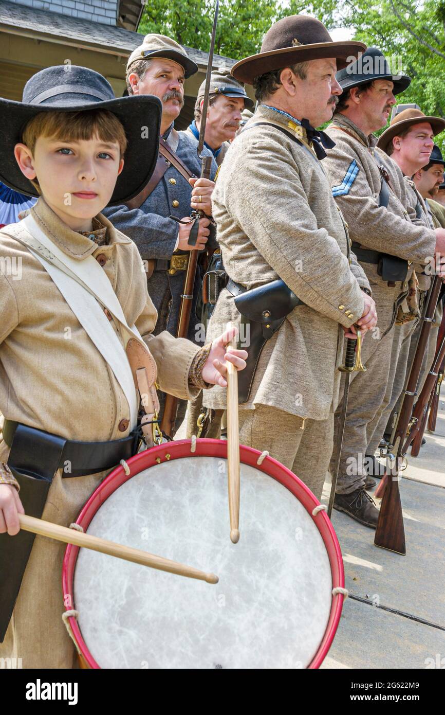 Alabama Marbury Confederate Memorial Park,Civil War reenactors period costume soldiers drummer boy playing drum, Stock Photo